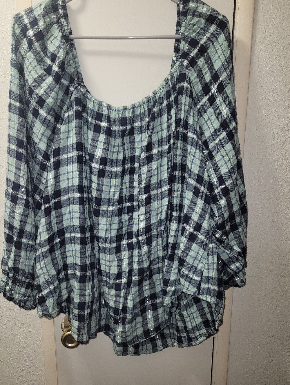 Lane Bryant Size 22 Women’s Mint and Blue Plaid Peasant Top